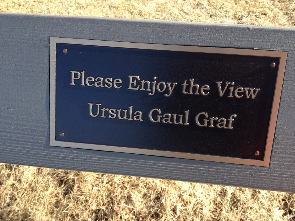 A brass nameplate shares Ursula Gaul Graf's wish for visitors to enjoy the view at Chimney Bluffs.